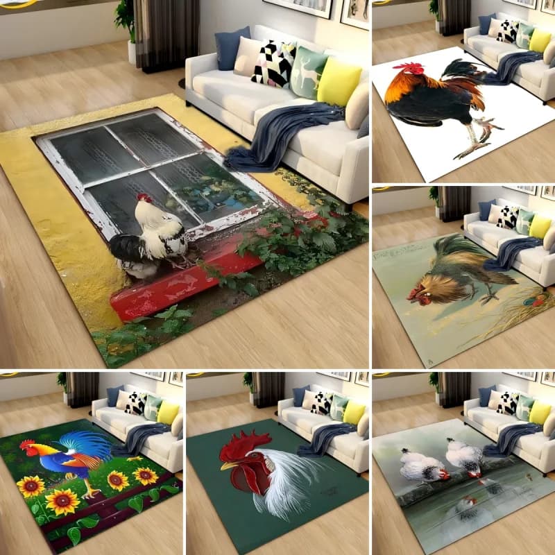 Tappeto 3D con gallo e gallina, pollo, camera da letto, copertura completa, soggiorno, resistente allo sporco, facile da mantenere, morbido tappetino per la decorazione della cucina