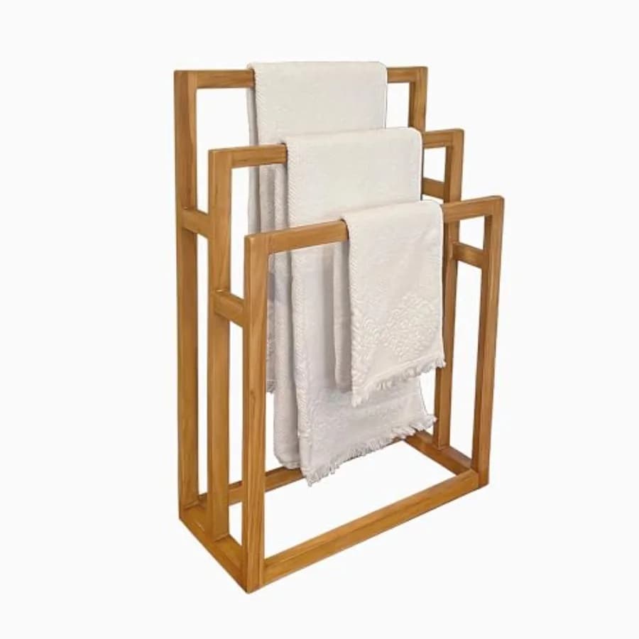 Portasciugamani da bagno, in teak massello, colore legno naturale, design a 3 barre, completamente assemblato per l'uso immediato