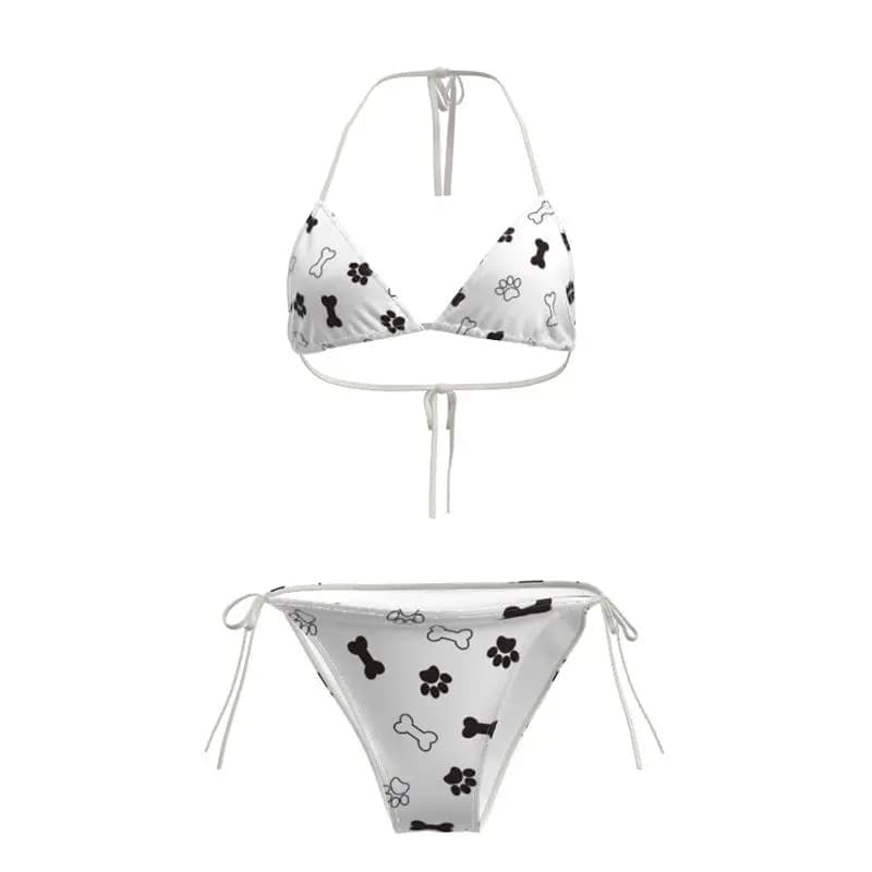 Women's White Cute Paw Print Bikini Set with Bone Pattern Y2K Kawaii Triangle Top Tie Side Bottoms Two Piece Swimwear for Summer