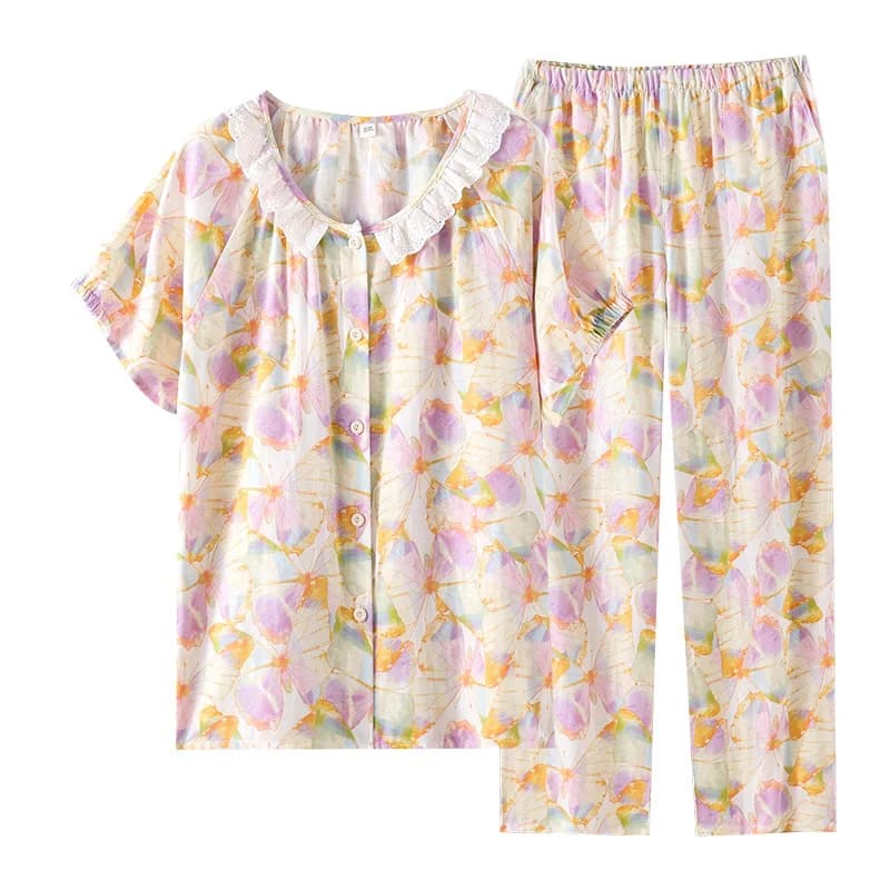 Pantaloni da pigiama eleganti con stampa floreale in viscosa di cotone da donna con colletto a bavero Pantaloni a maniche lunghe Abbigliamento per la casa da donna