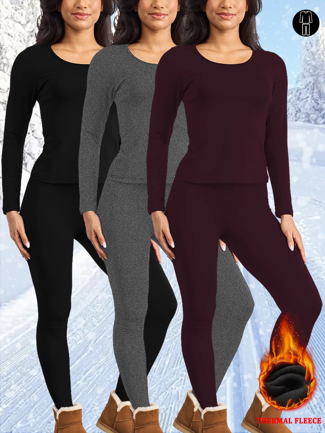 Confezione da 3 set termici da donna foderati in pile super morbido - Set pigiama intimo invernale per il massimo comfort della stagione fredda