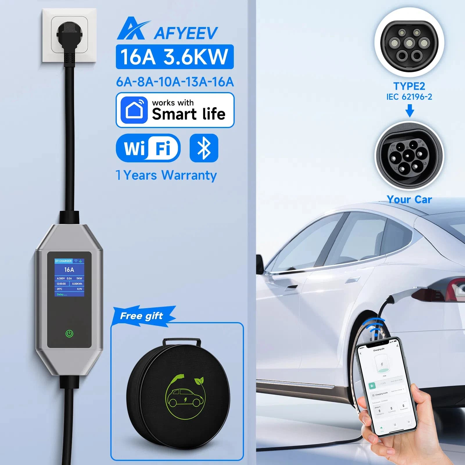 AFYEEV 3.6KW 16A Tipo 2 Caricatore EV Type1 GB/T EVSE Cavo di ricarica da 3,5 m Spina UE WiFi Bluetooth APP Telecomando monofase
