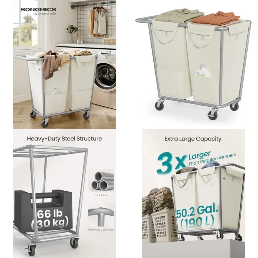 Cesto per Bucato con Ruote, Cesto Portabiancheria a 2 Scomparti, Cesto Portabiancheria da 50,2 Galloni con Sacchi Rimovibili, Telaio in Acciaio Resistente, URL