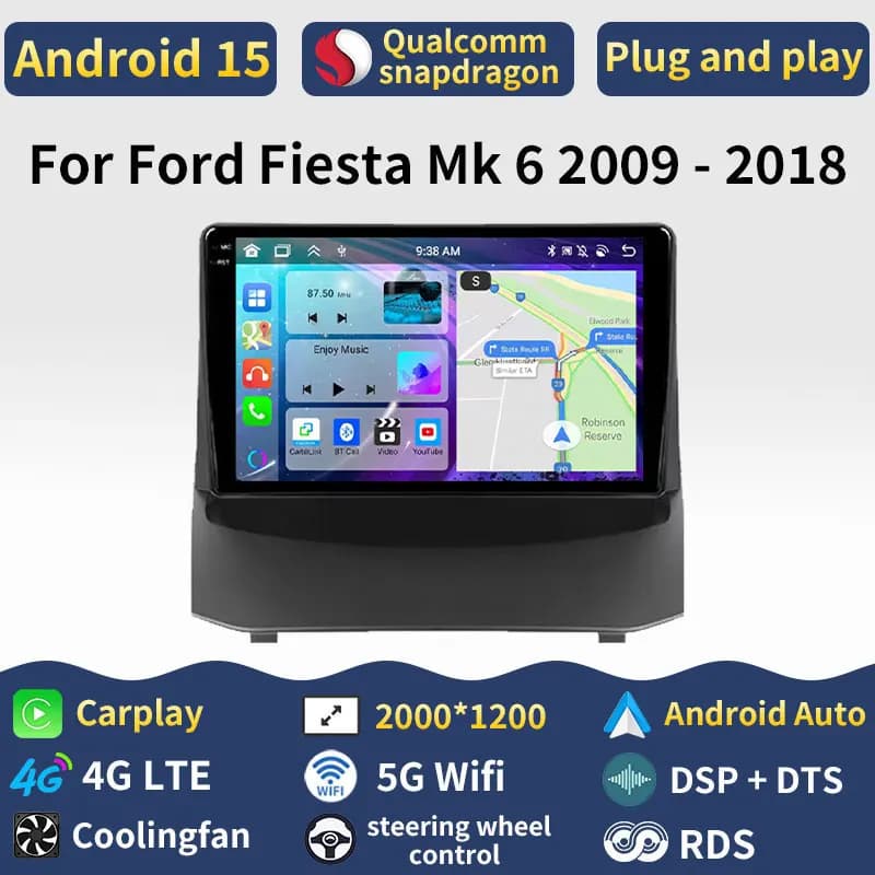 Autoradio Android 15 per Ford Fiesta Mk 6 2009-2018 con Carplay Wireless, Auto 4G+5G WiFi, DSP, BT, Stereo, Navigazione e Lettore Multimediale