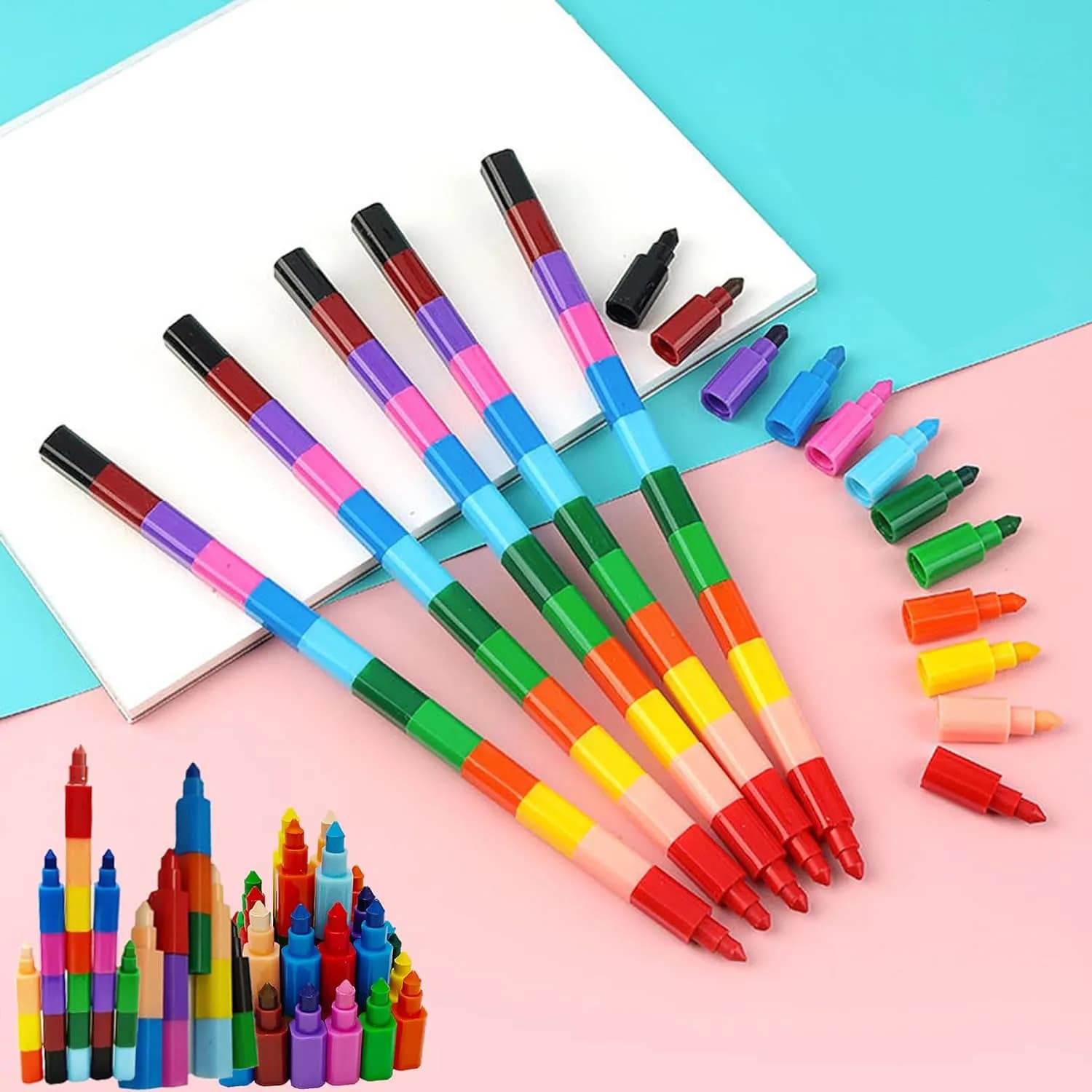 12 Pcs Stackable Crayons Stacking Buildable Crayons Colorful Stackable Pencils Party Favors DIY Rainbow Pencil for School Office