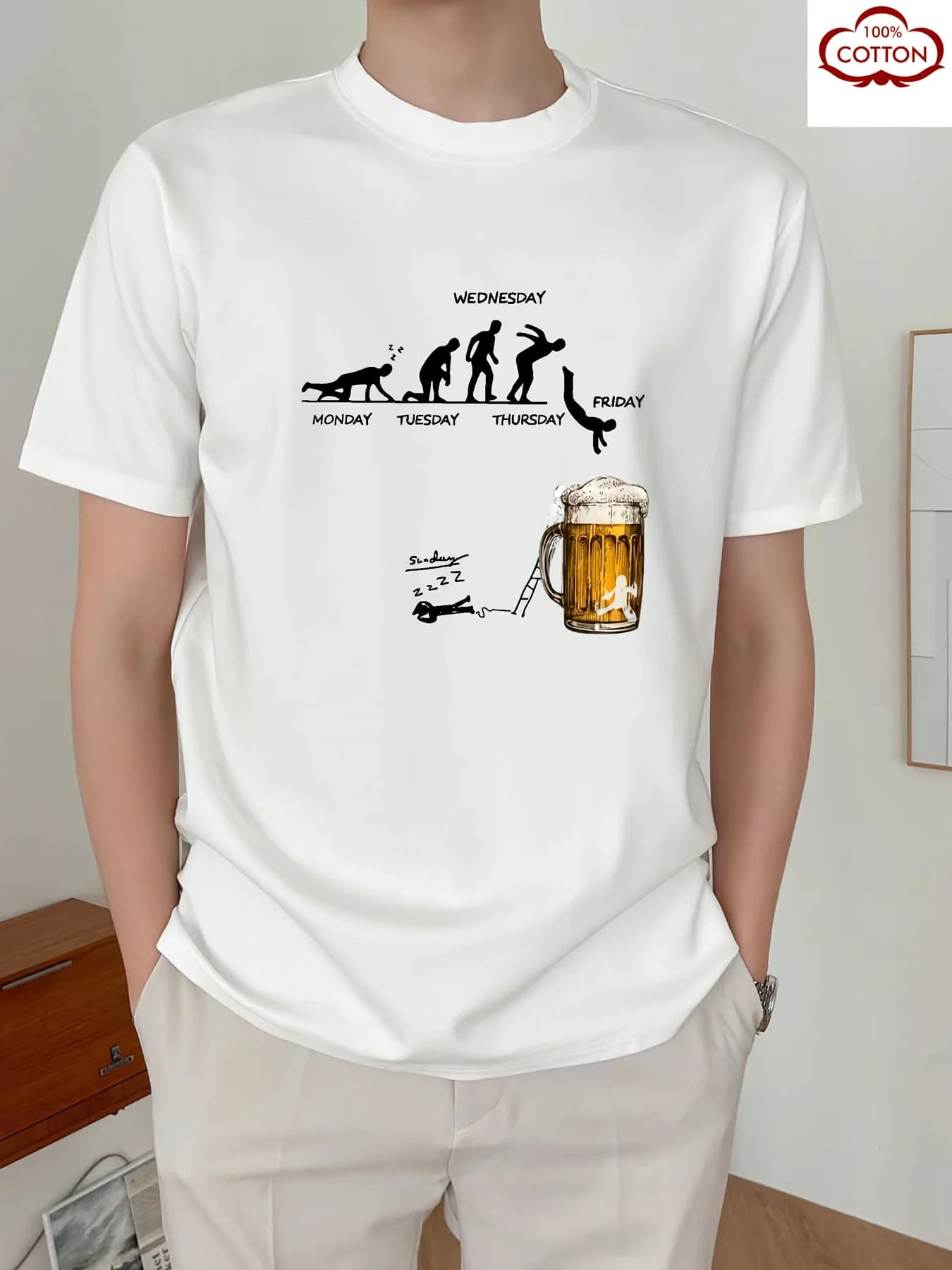 Funny Monday To Friday Week Evolution Jump Into Beer Mug Print T-shirt Men Women Cotton Work Humor Graphic Short Sleeve Tees
