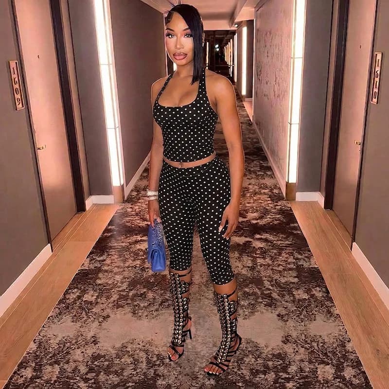Slim 2 Piece Set Polka Dots Printed Women Square Neck Lace Up Halter Backless Tanks Top + High Waist Skinny Calf Length pants