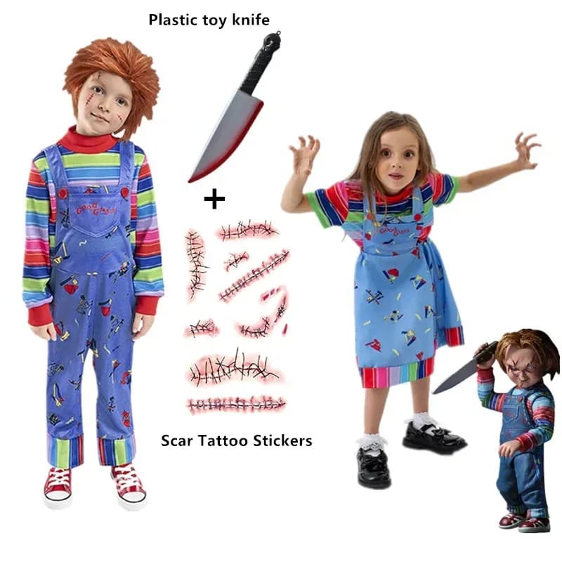 Costume cosplay Chucky per bambini Bambola fantasma spaventosa Set completo Coltello di plastica Costumi horror di Halloween Incubo per abito da festival per ragazza