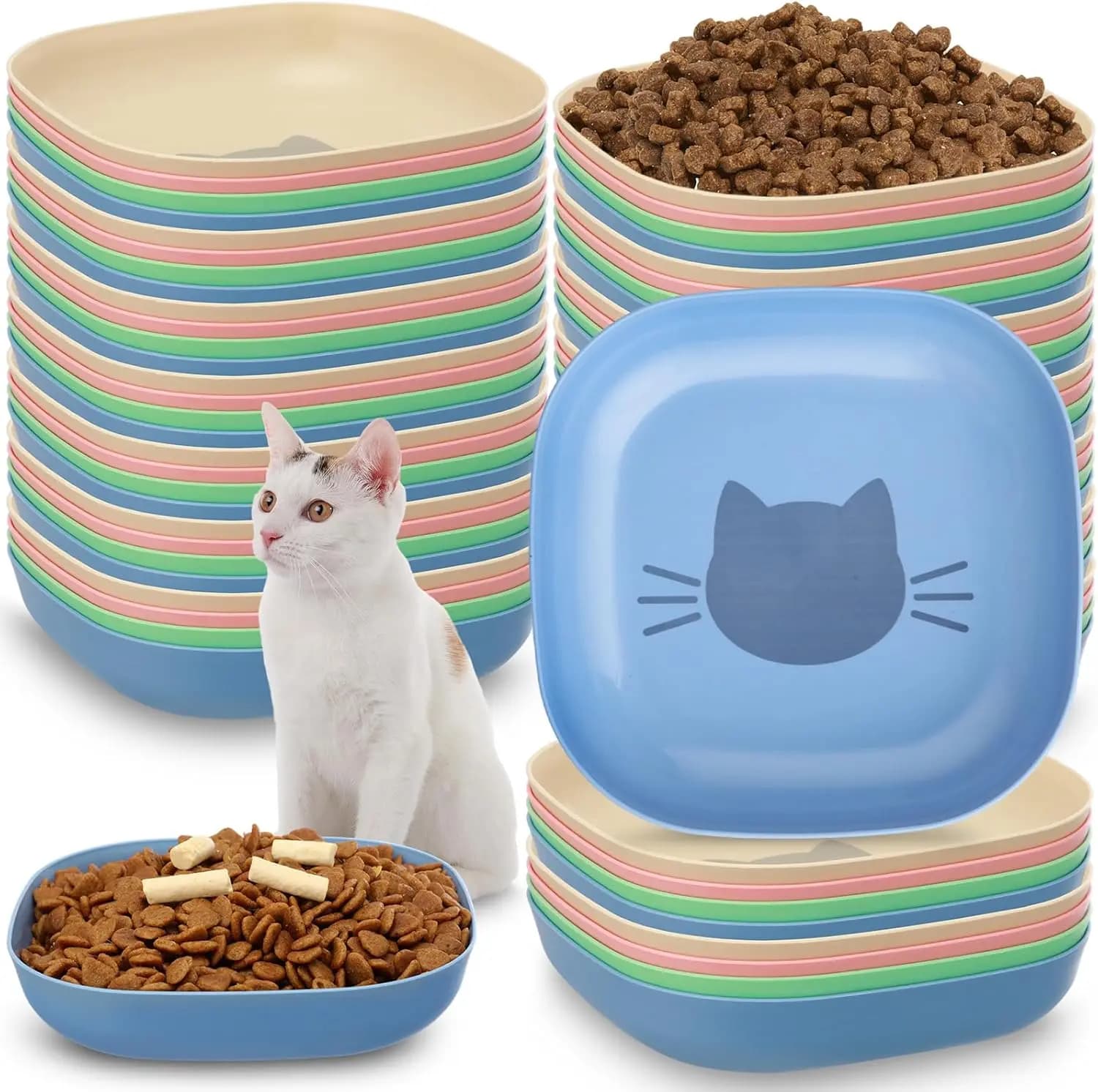 Set di 24 Ciotole Piatte per Gatti, 14,5 cm di Larghezza, per Alimentazione Umida di Gattini e Piccoli Animali, in Blu, Verde, Rosa, Beige