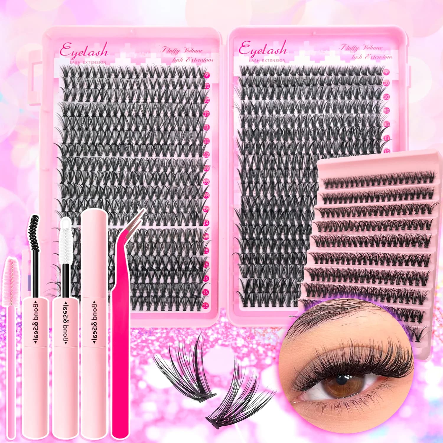 Kit for Extension Eyelashes 720/200 Pieces, Extension Set Voluminous Eyelashes with Collar and Sealant, Eyelash Grips, Eyelashes and Vaporose