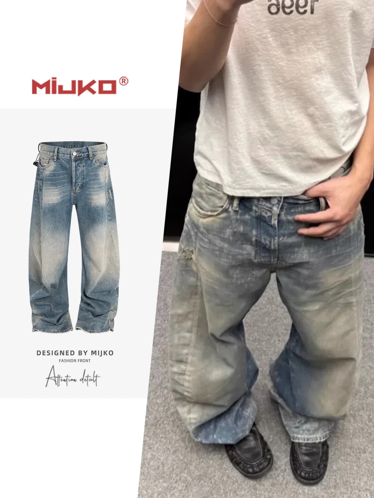 MIJKO Jeans scimitar unisex a vita bassa con gamba larga Pantaloni lunghi in denim blu sbiadito vintage per uomo e donna TJ154
