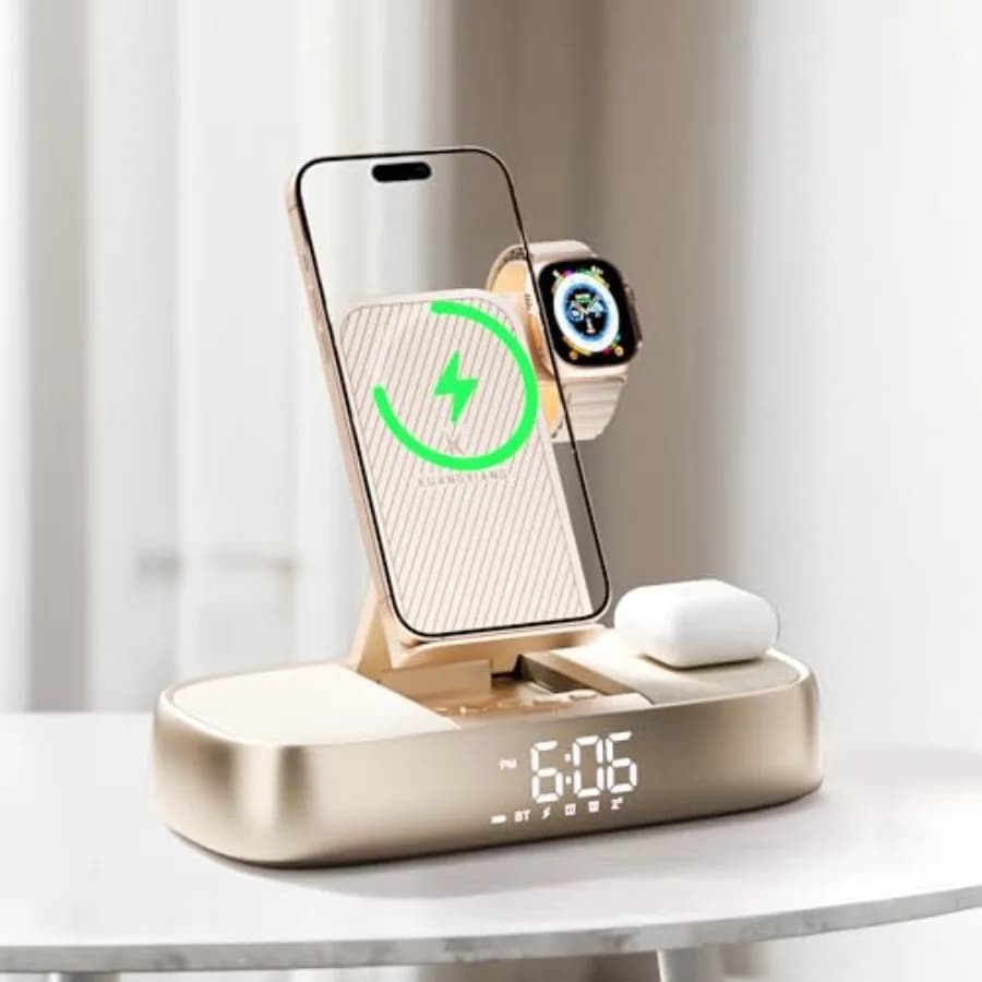 Bluetooth Speaker Alarm Clock with Wireless Charging, 15W Safe Fast Wireless Charger Station Phone Stand, 3 Level Bedside Night