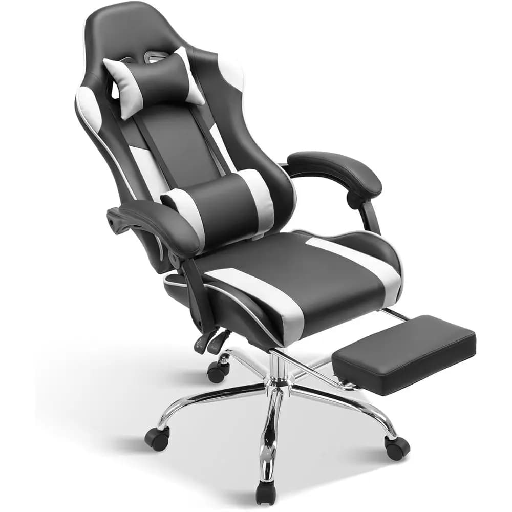 Adjustable Height Swivel Ergonomic Gaming Chair with Footrest and Lumbar Support, White