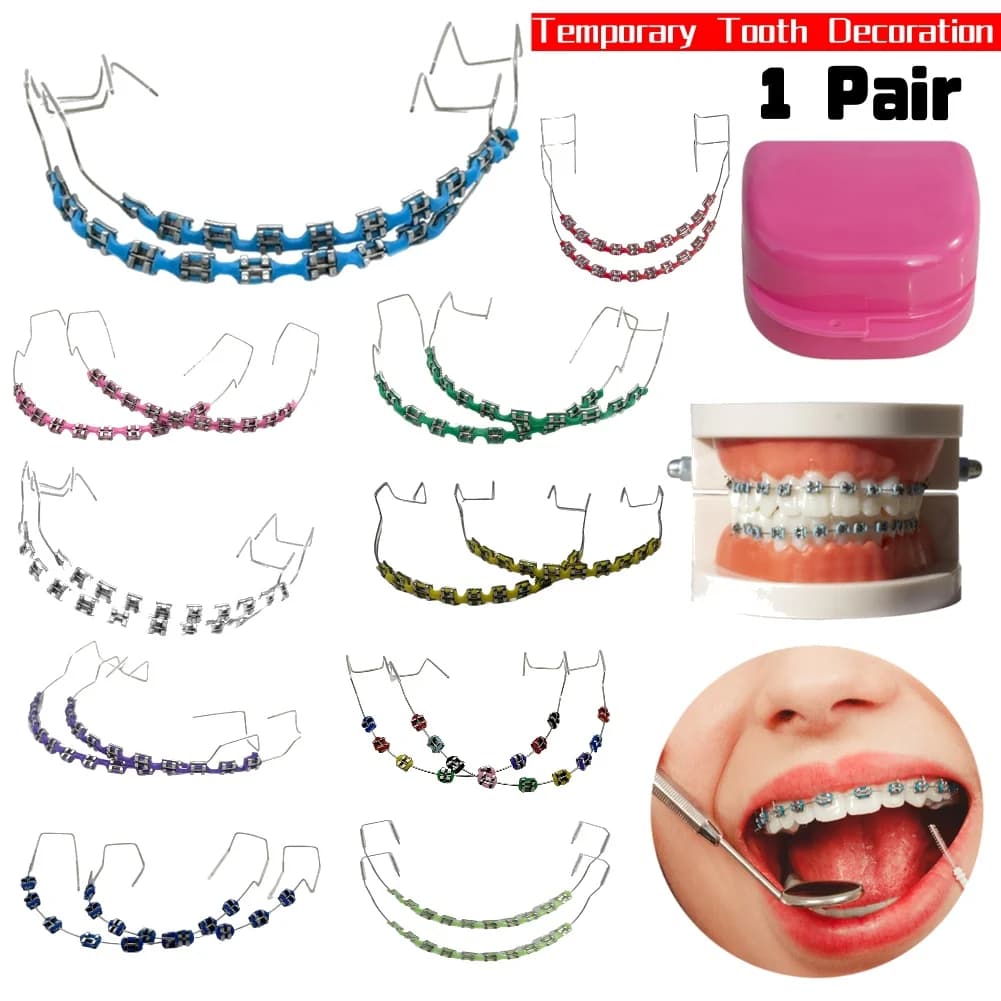 1 paio di decorazioni temporanee colorate per odontoiatria con fili metallici Legature ortodontiche Cravatte Gemme per denti Bretelle finte per denti