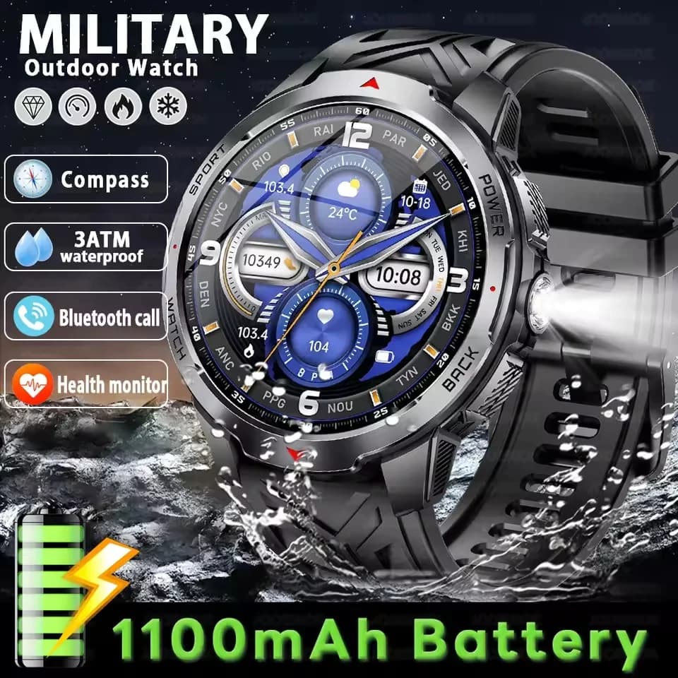 Smartwatch militare da uomo da 1100 mAh con display grande da 1,7 pollici, bussola, orologio sportivo, impermeabile IP68, chiamate Bluetooth.