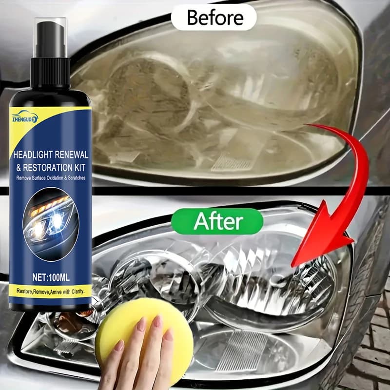 Spray per il ripristino dei fari in ceramica da 100 ml, include spugna, strumento premium per la riparazione dei fari dell'auto - Rimuove ingiallimento e ossidazione, ripristina la chiarezza, spray protettivo a lunga durata per la protezione del rivestimento luminoso