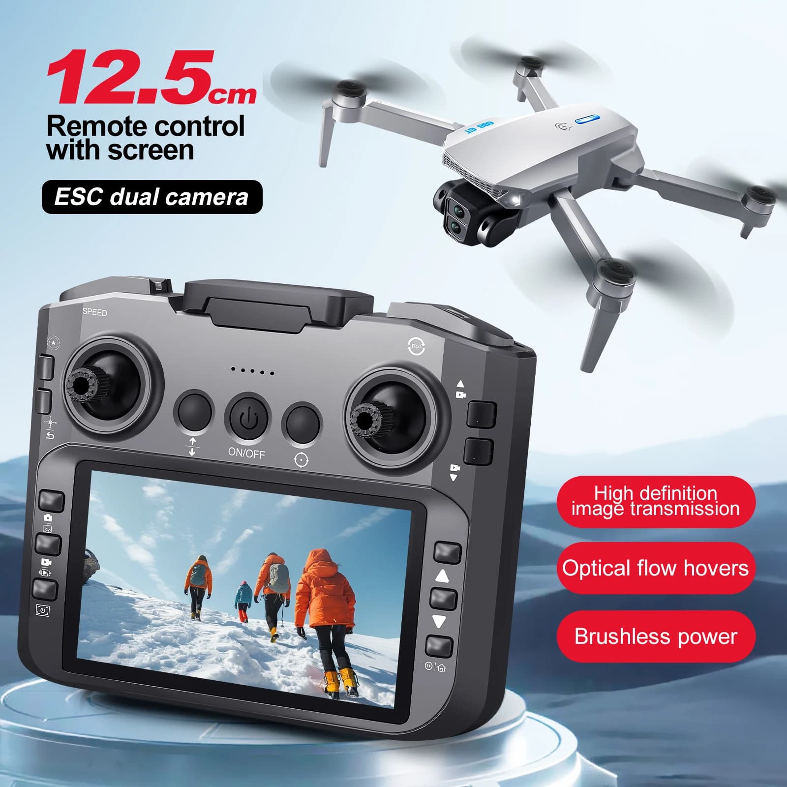 Drone E88GT 4K con Schermo HD da 12,5 Pollici, Motore Brushless, Posizionamento Ottico, Doppia Fotocamera Intercambiabile, Quadricottero RC Pieghevole