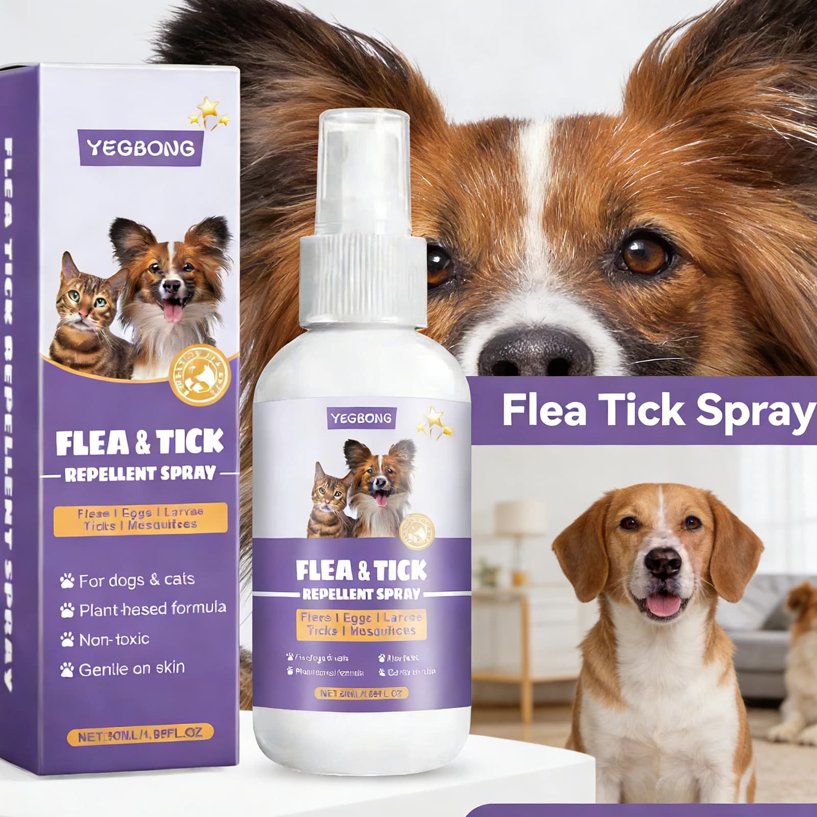 Spray Repellente per Pulci e Zecche Yegbong, Repellente per Animali Domestici, Spray Delicato e Impermeabile per Cani e Gatti, Rimozione di Acari e Pidocchi