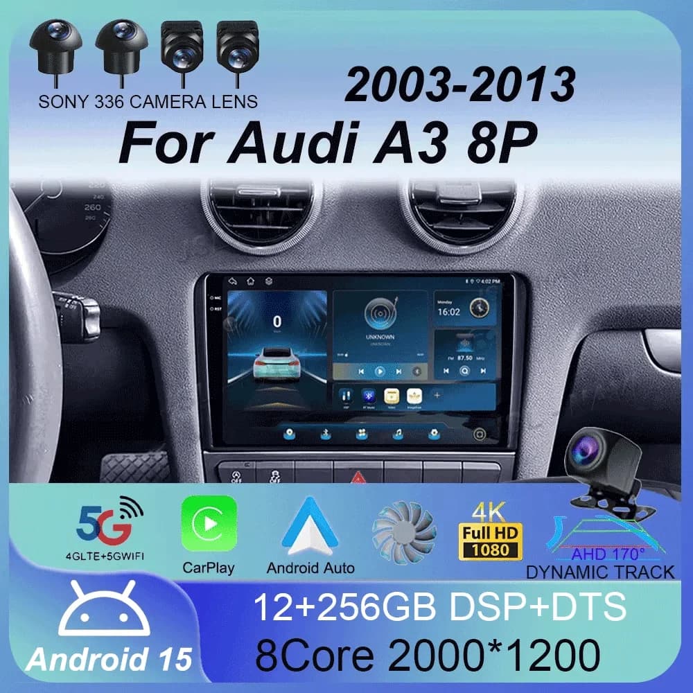 Autoradio Android 16 con Carplay per Audi A3 8P 2003-2013, Lettore Multimediale 2din, Navigazione GPS, Audio Stereo DSP, Telecamera 360, 4G