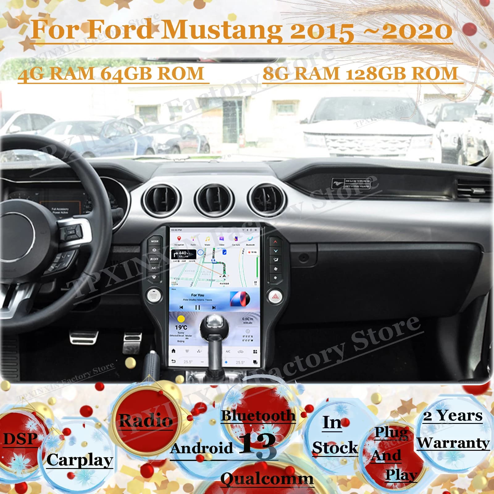 Qualcomm Vertical Screen Car Radio Android 13 For Ford Mustang 2015 ~2020 GPS Navigation Carplay Auto IPS Multimedia Head Unit