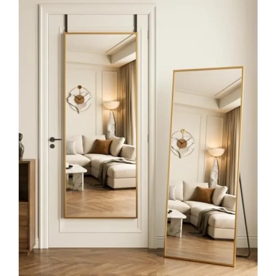 Full Length Door Mirror for Bedroom Dorm Bathroom, Aluminum Alloy Frame, Silver, No Drill Installation Shatterproof Glass
