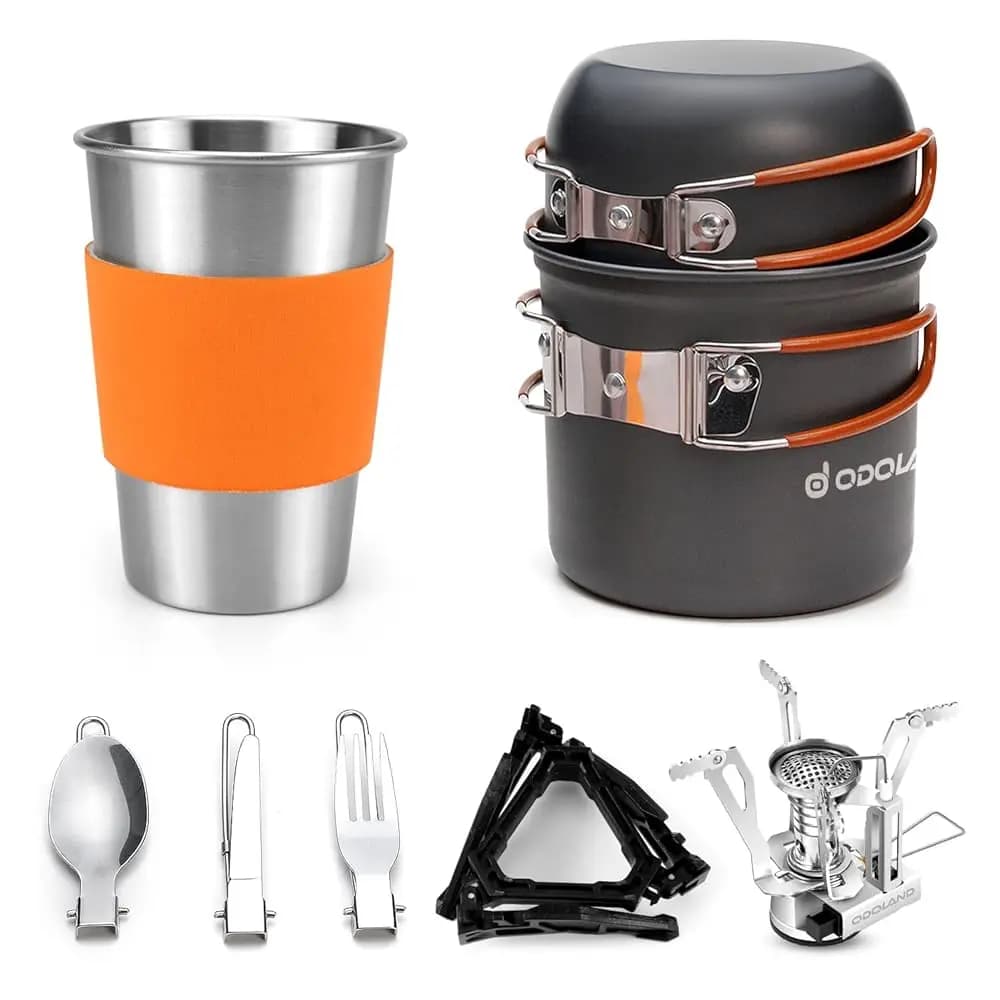 Set da Campeggio con Fornello, Supporto per Bombole con Moschettone, Treppiede e Tazza in Acciaio Inox, Staffa per Serbatoio, Kit Forchetta e Cucchiaio per Escursionismo