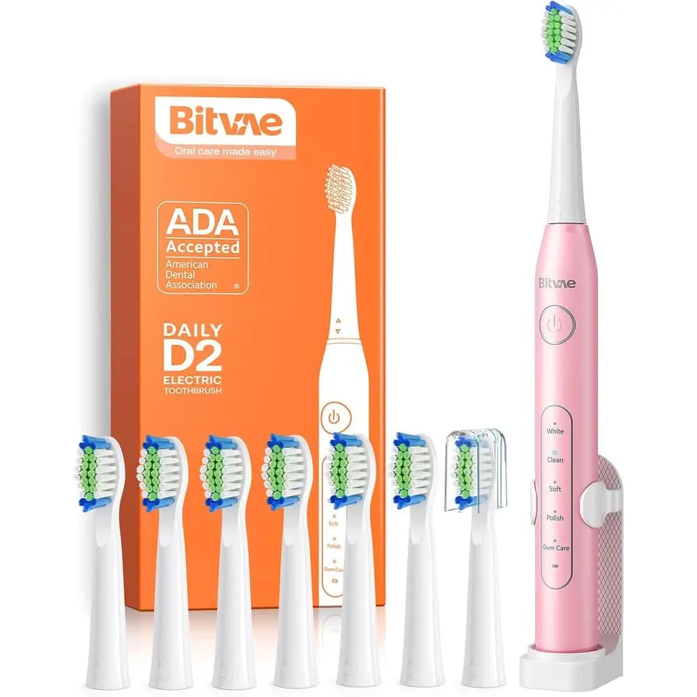 Spazzolino Elettrico Ricaricabile con Supporto, 8 Testine, Timer Intelligente, Ricarica Rapida, Rosa per Adulti e Bambini