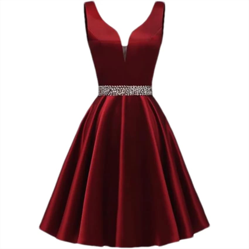 Abiti da Cerimonia in Raso Personalizzati per Adolescenti, Vestito Corto da Ballo con Scollo a V, Cinture con Perline, Abiti da Sera Formali per Cocktail Party
