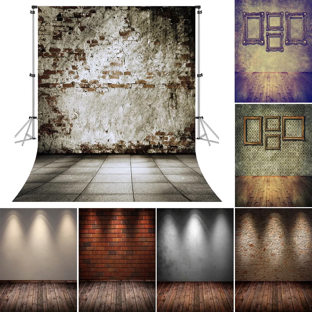 Grunge Gradiente Muro di mattoni Tavole di legno Pavimento Interno Neonati Bambini Ritratto Sfondo fotografico Sfondo per studio fotografico