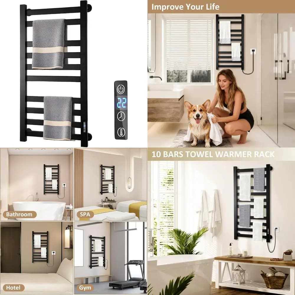 Scaldasalviette Elettrico da Parete con Timer e Temperatura Regolabile, 10 Barre per Bagno (Nero)