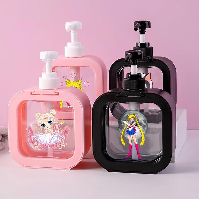 Dispenser di Sapone Creativo Trasparente Sailor Moon da 300ML, Bottiglia Ricaricabile Portatile Vuota per Gel Doccia e Detersivo