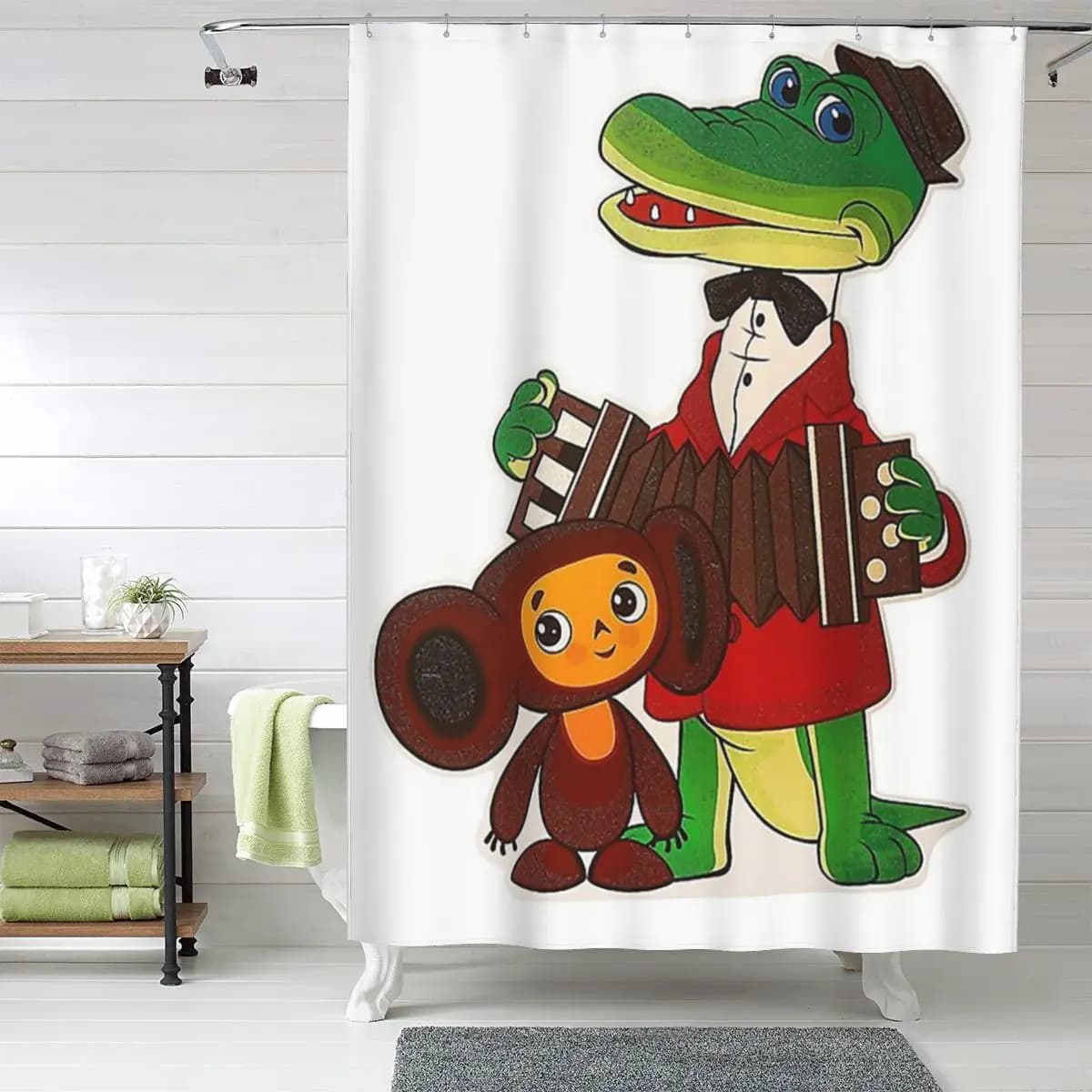 Tenda da doccia Cheburashka e Gena, tende da bagno impermeabili in poliestere con ganci