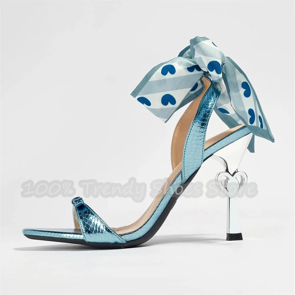 Polka Dot Bowknot Ankle Cross Strap Mules Women Open Toe Heart Decor Stiletto High Heel Sandals Wedding Club Party Dress Shoes