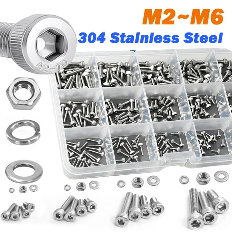 Assorted Kit of M2 M2.5 M3 M4 M5 M6 Screws in 304 Stainless Steel, Hexagonal Head Bolt Set, Dice, Washers and Springs in Box for DIY and 3D Printers
