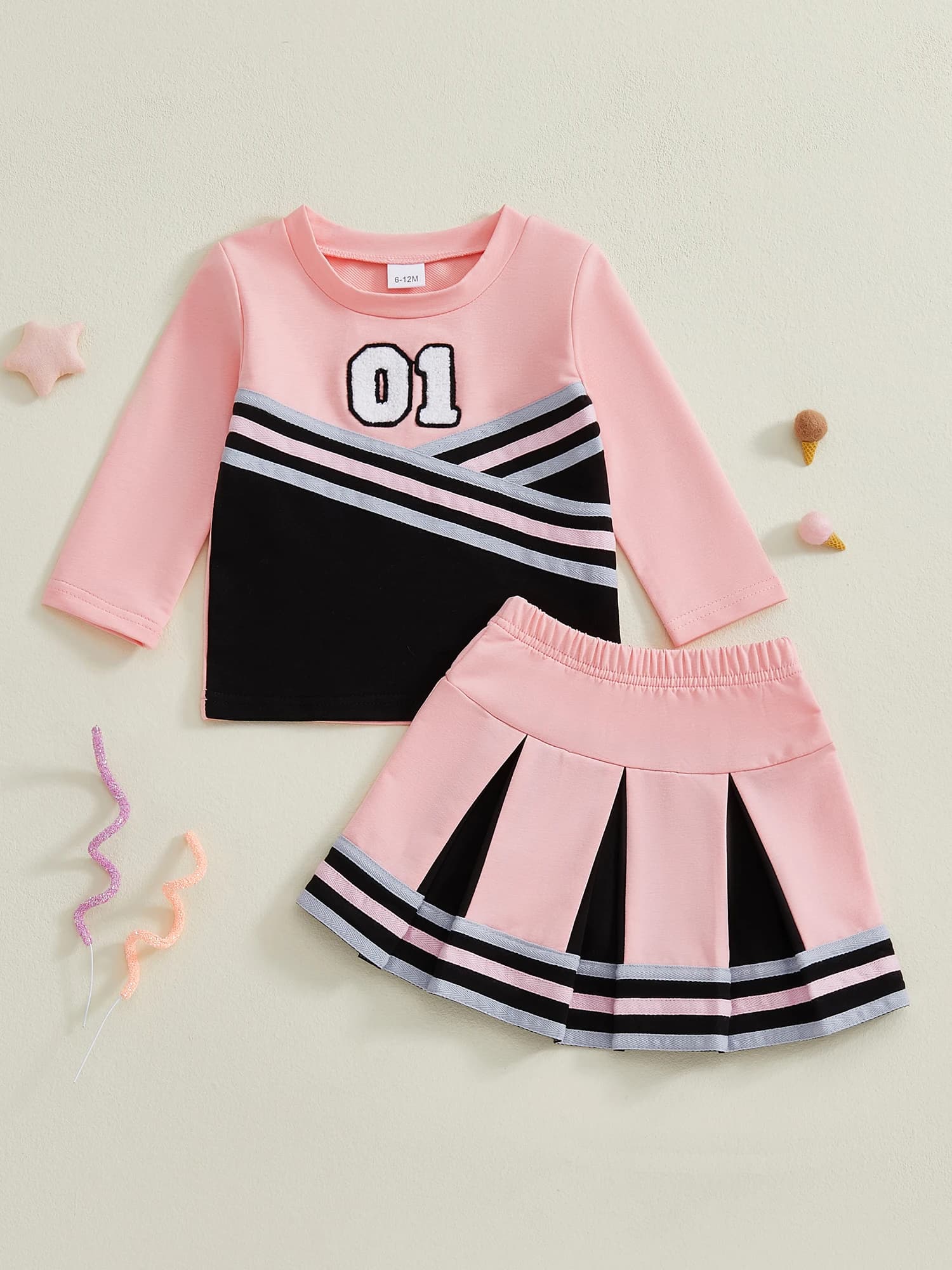 Set costume da cheerleader per ragazze 2 pezzi con top a maniche lunghe con scollo a O e gonna a pieghe in colori a contrasto per performance