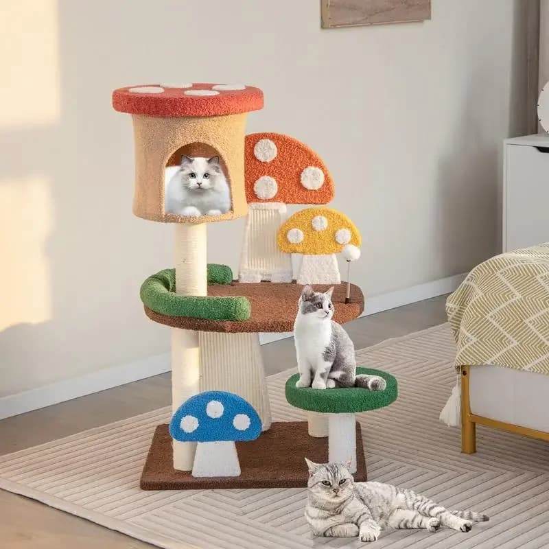 Albero per Gatti 4-in-1 a Forma di Fungo con Cuccia, Palla a Molla e Pali in Sisal - Multicolore