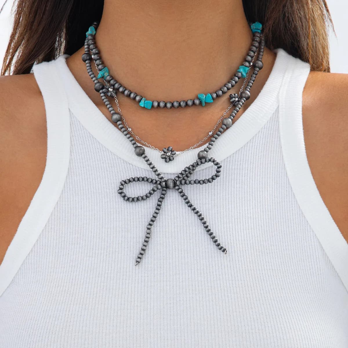Accessories Bohemian Stacked Turquoise Bow Necklace Vintage Fashion Beaded Ethnic Necklace