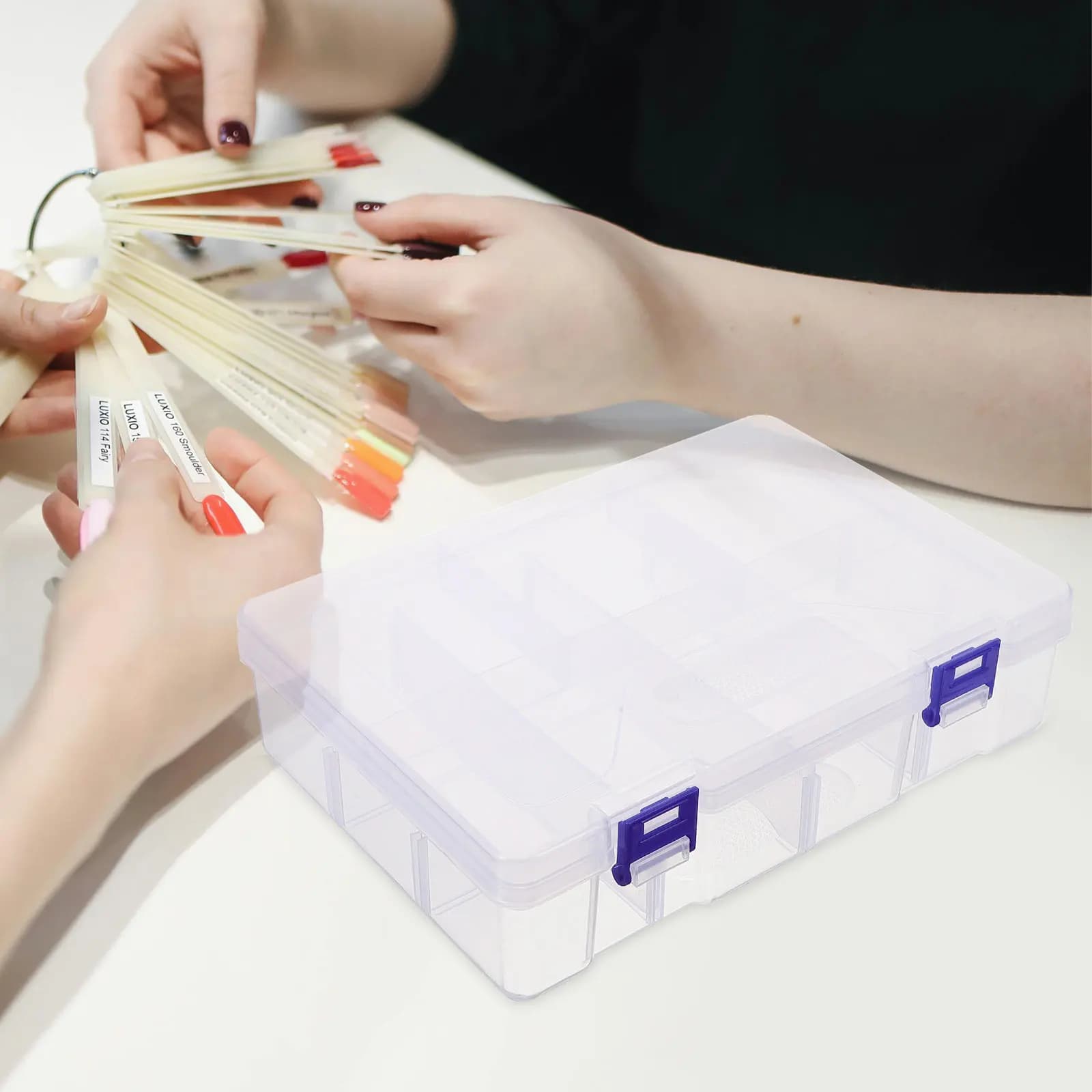 Plastic storage box for nail decorations, multi compartment organizer for nail art accessories, rhinestones, beads, compact and portable design.