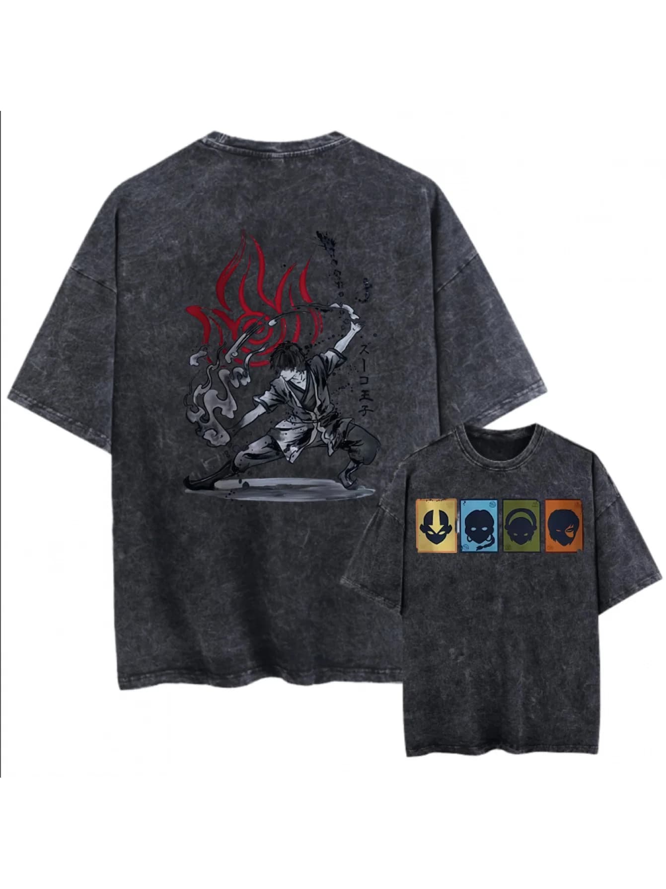 T-shirt vintage nera taglie forti ispirata al drago del diavolo, t-shirt effetto vintage lavato ispirata ad Avatar: The Last Airbender