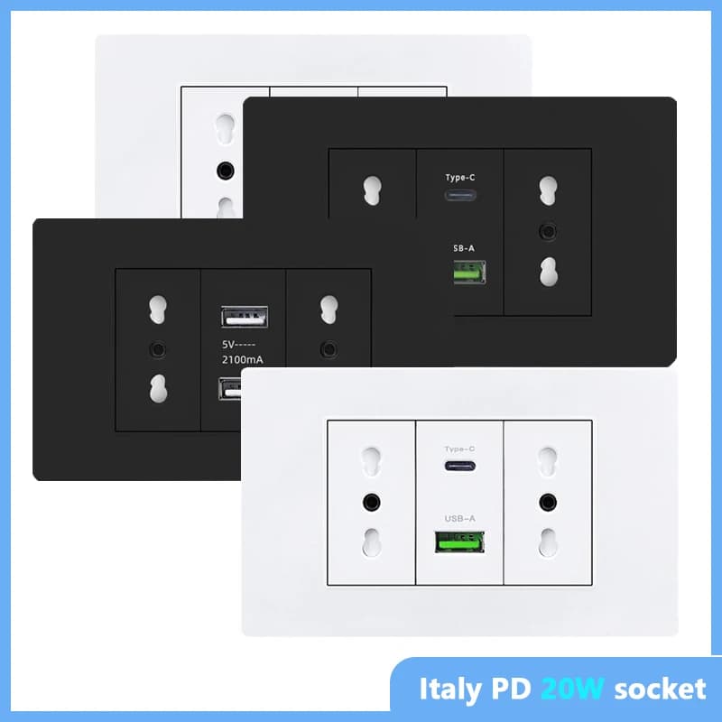 USB C wall socket with integrated white/black socket, 16A multi socket, Smart Type-c 20W fast charging adapter