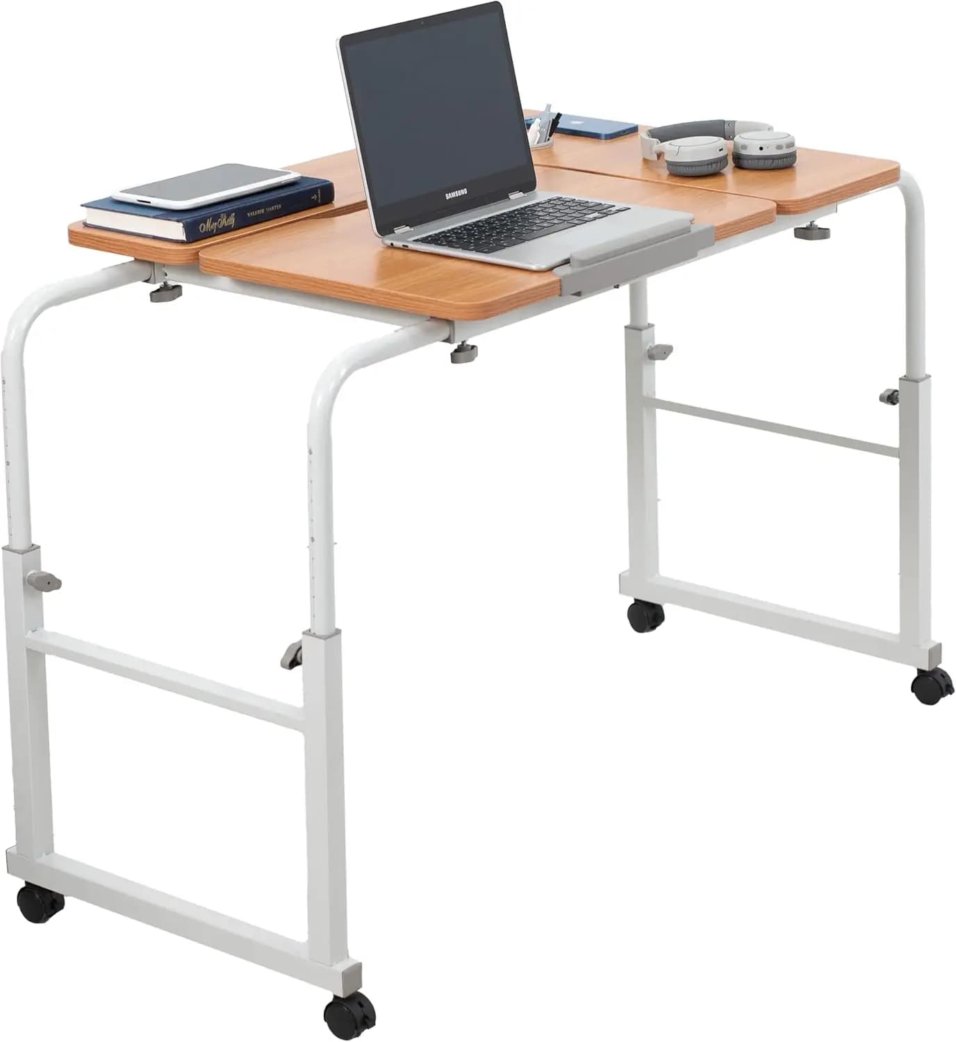 Mobile Over The Bed And Recliner Table, Tilting Laptop Tray With Adjustable Height And Length Frame, Ergonomic Overbed Desk On Wheels For Home Office, Light Wood Color