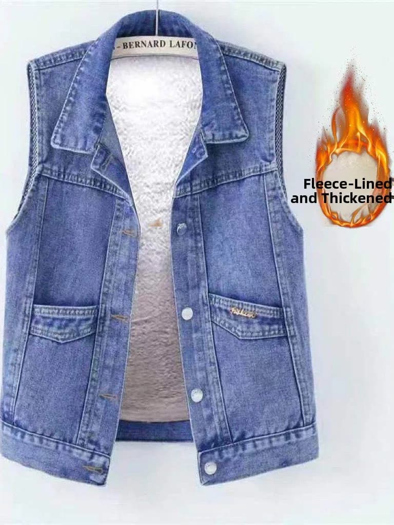 New Denim Vest Casual Loose Winter Fleece Sleeveless Jacket Large Size Shoulder Pad Simple Casual Outerwear