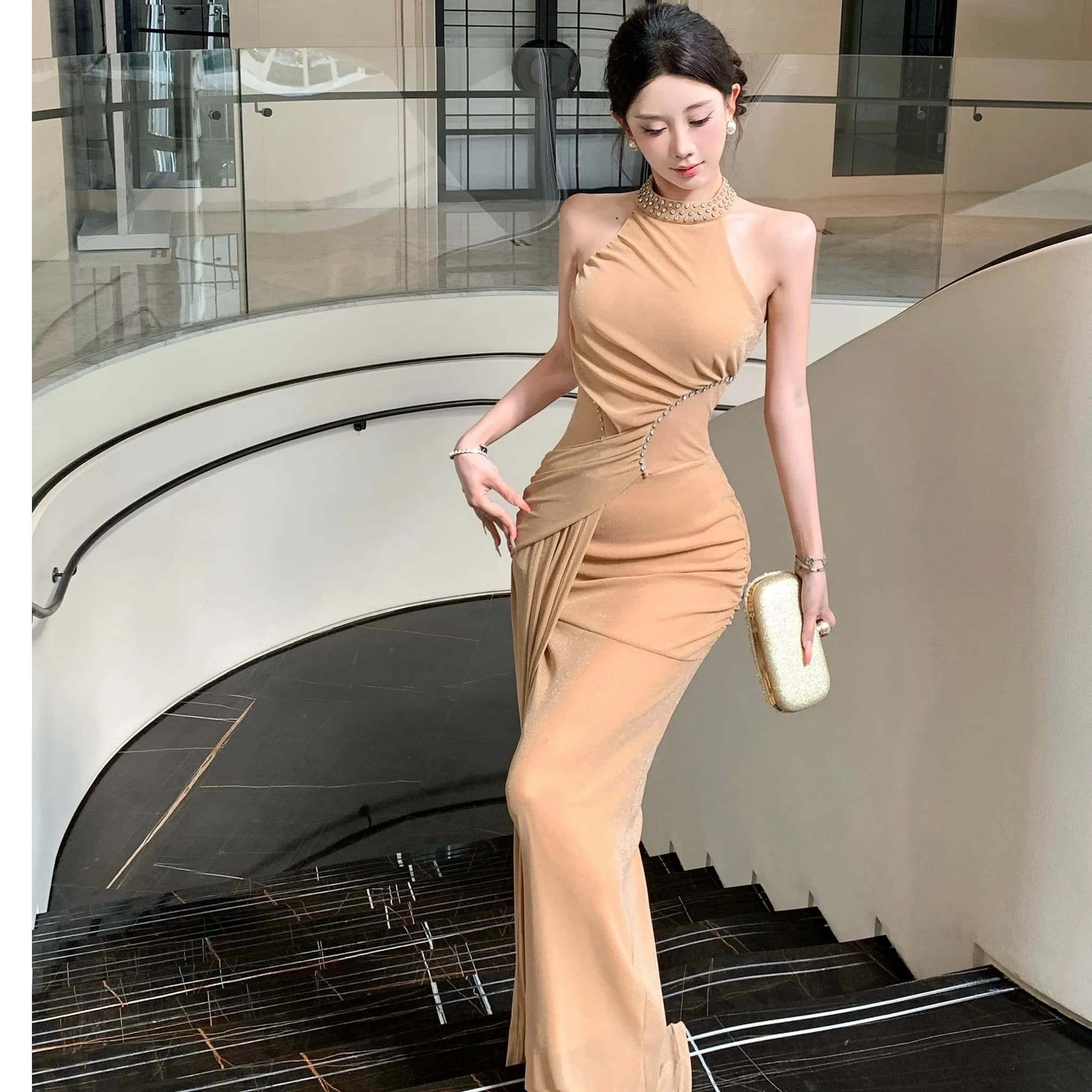 Elegant Heavy Embellished Off-Shoulder Long Dress Korean Style High Waist Mesh Skirt with Belt Women's Fashion Summer Gown