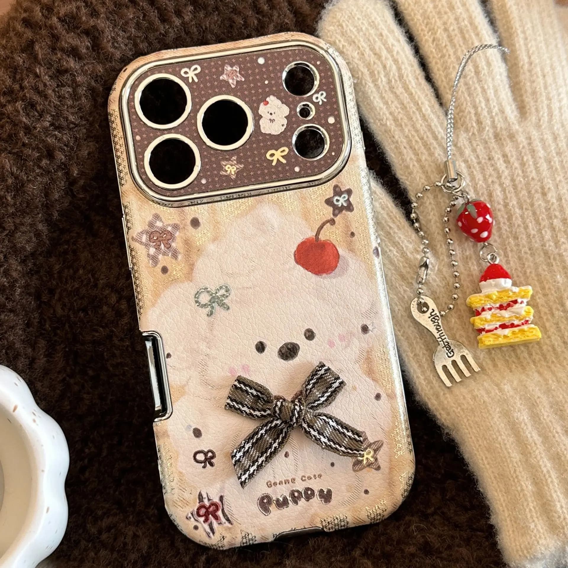 Simpatico cucciolo stella doratura bowknot stereoscopico con ciondolo torta custodia per telefono per iPhone 17 16 15 14 13 12 Pro Max Plus