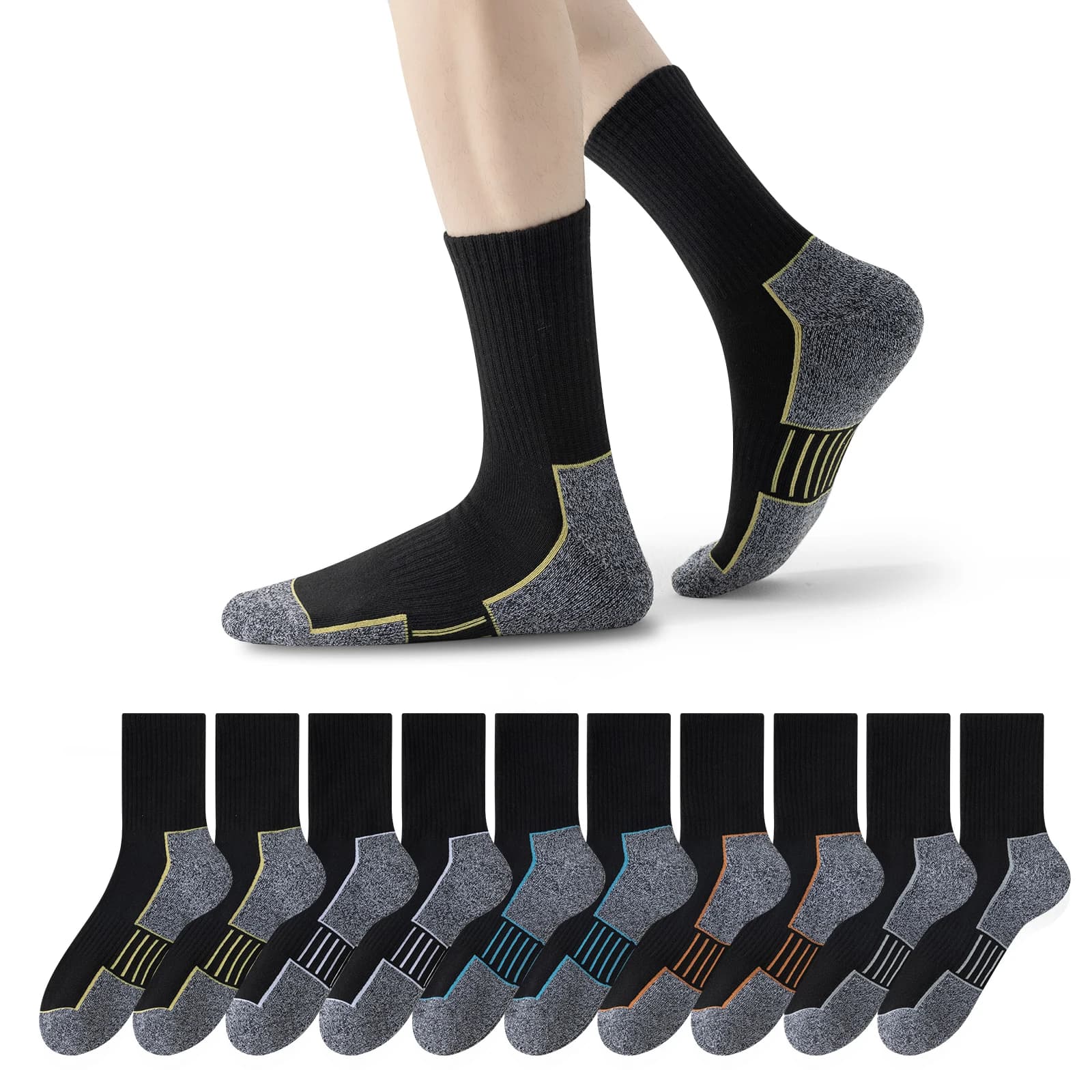 10 pairs of socks for work boots, padded men's socks absorbing moisture, seamless tip, reinforced footrest to last