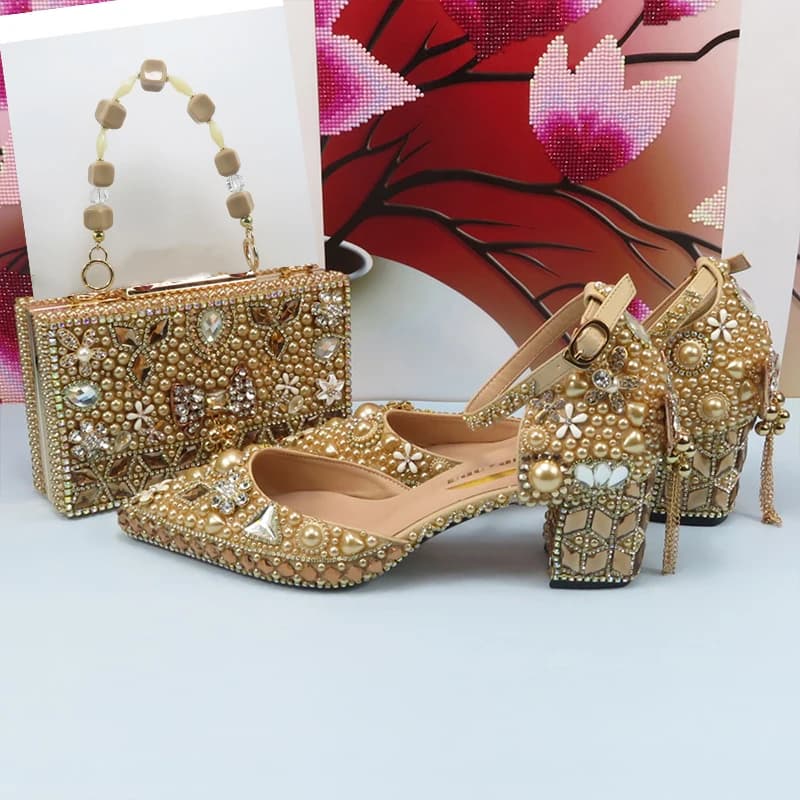 Scarpe da sposa di lusso in cristallo dorato champagne borse abbinate moda donna Tacco spesso Scarpe da sera da donna Scarpe a punta