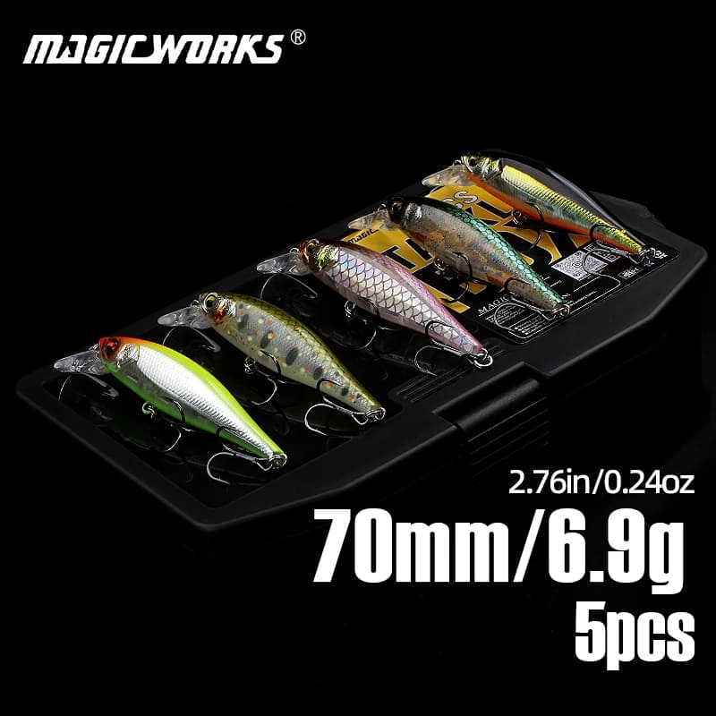 Magic Works 5 pezzi per set Minnow Forniture per esche da pesca Nuovi Wobblers 70mm 6.9g Luccio Trota Esche galleggianti Jerkbait Esche per basso duro