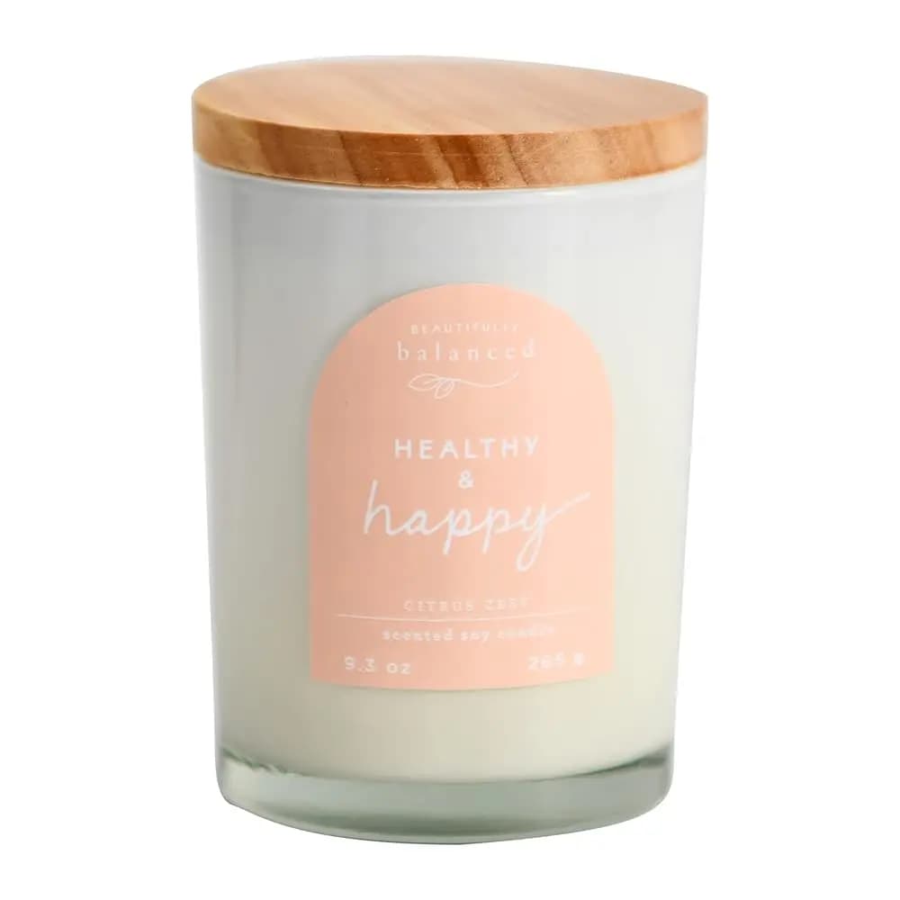 Candela di Soia Profumata in Vetro con Coperchio, Healthy + Happy, 9.3 oz.