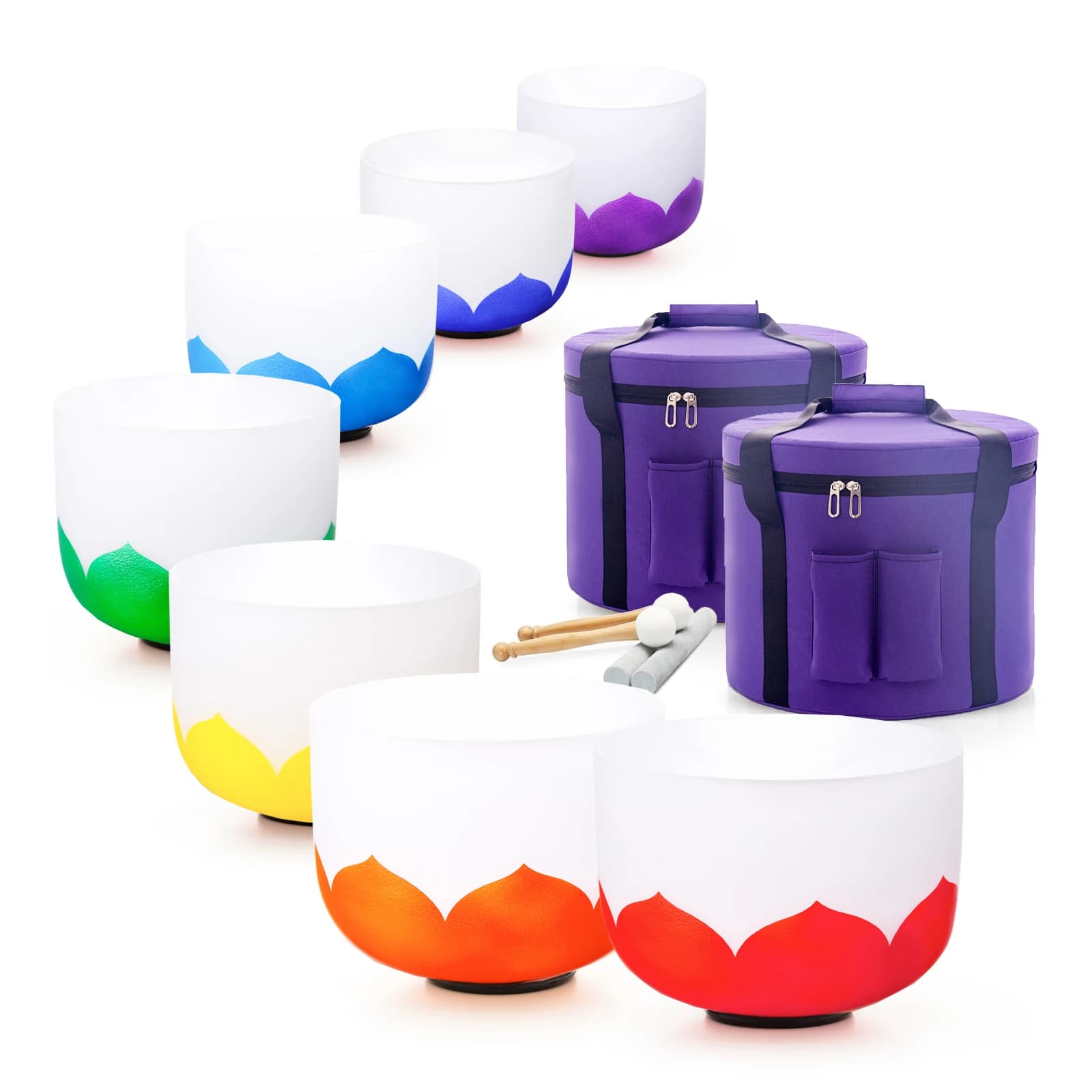 Hye-eun 7-12Inch 440/432hz 7PCS Lotus Crystal Singing Bowl Set Chakra Frosted Quartz Sound Bowls for Energy Healing with Bags