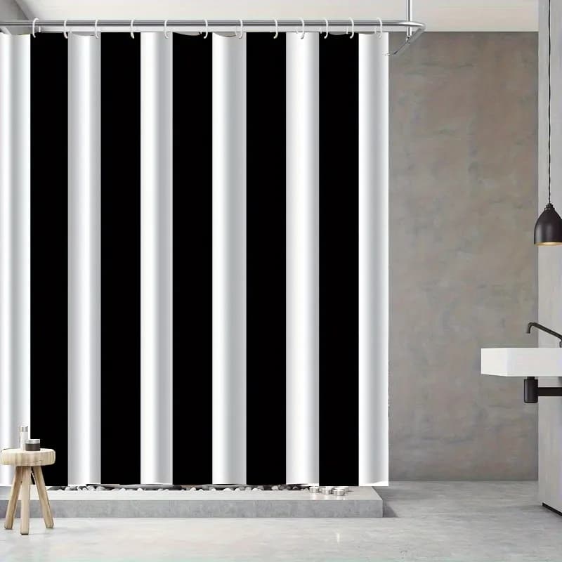 1pc Modern Minimalist Striped Pattern Shower Curtain with Hooks, Wash Shower Curtain, Bathroom Partition, Bathroom Additions, Ho
